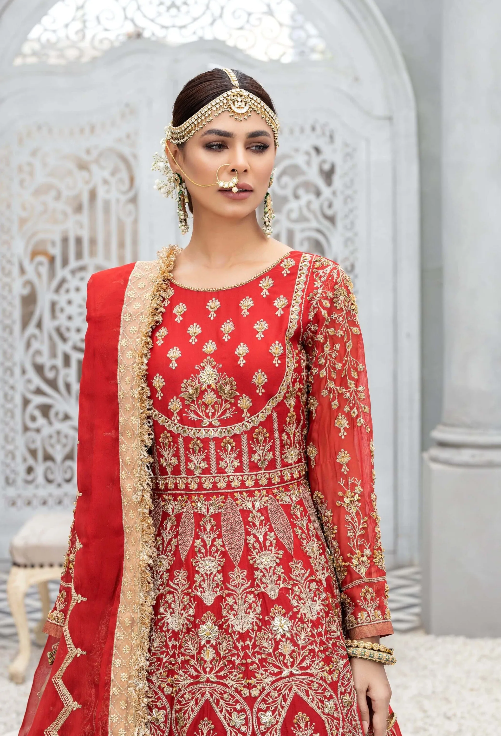 Red Pakistani Bridal Dress in Gown and Dupatta Style