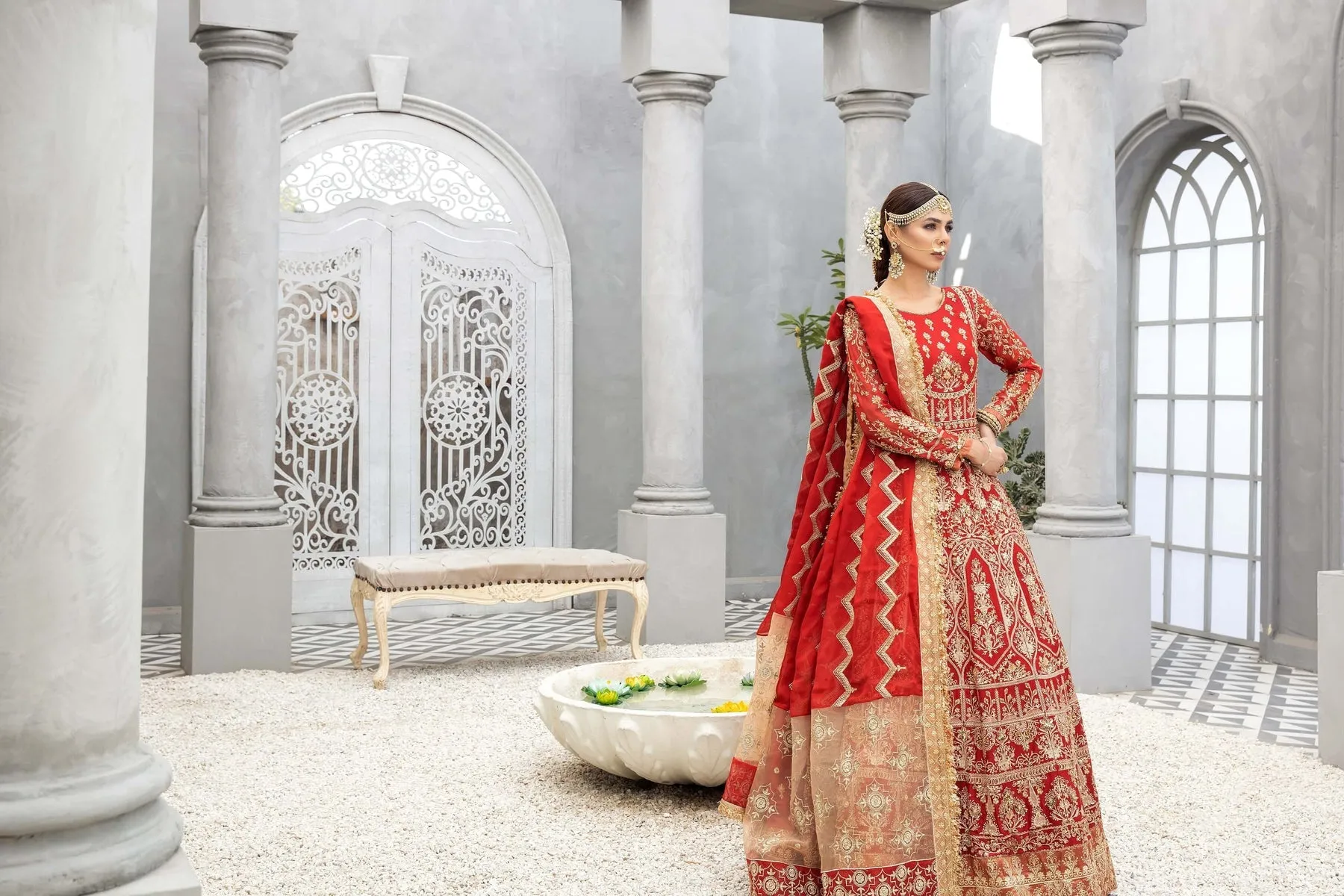 Red Pakistani Bridal Dress in Gown and Dupatta Style