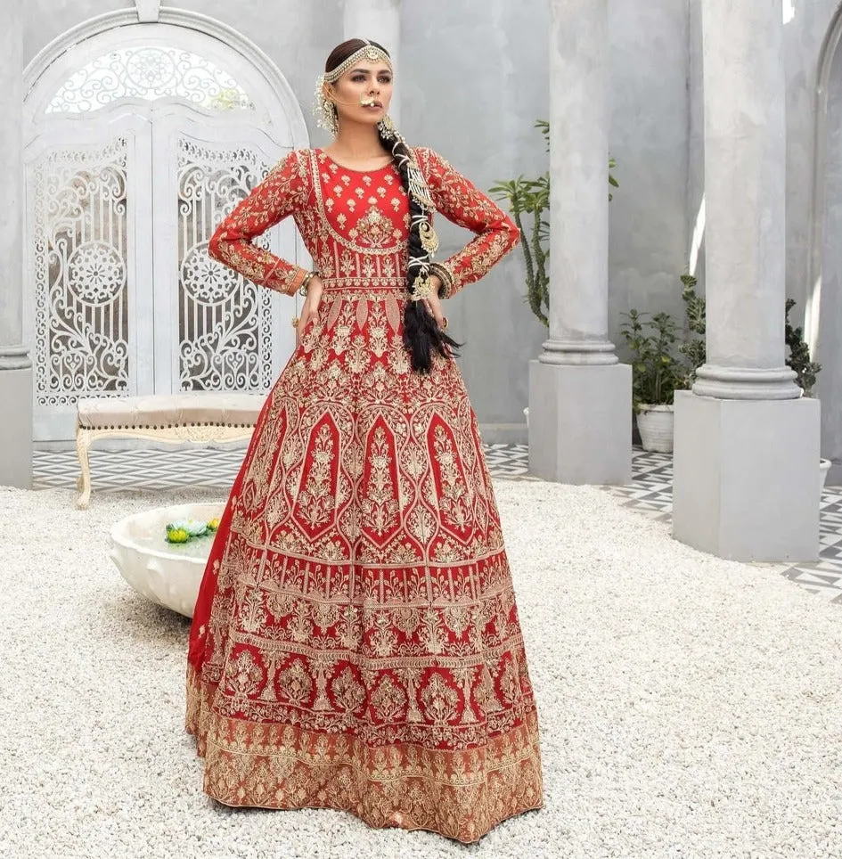 Red Pakistani Bridal Dress in Gown and Dupatta Style