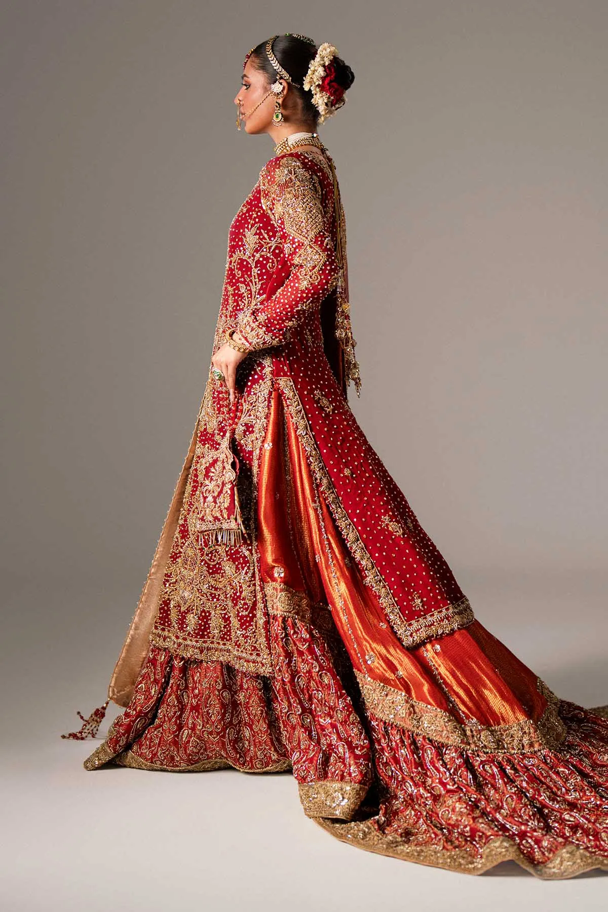 Red Pakistani Bridal Dress in Kameez and Gharara Style
