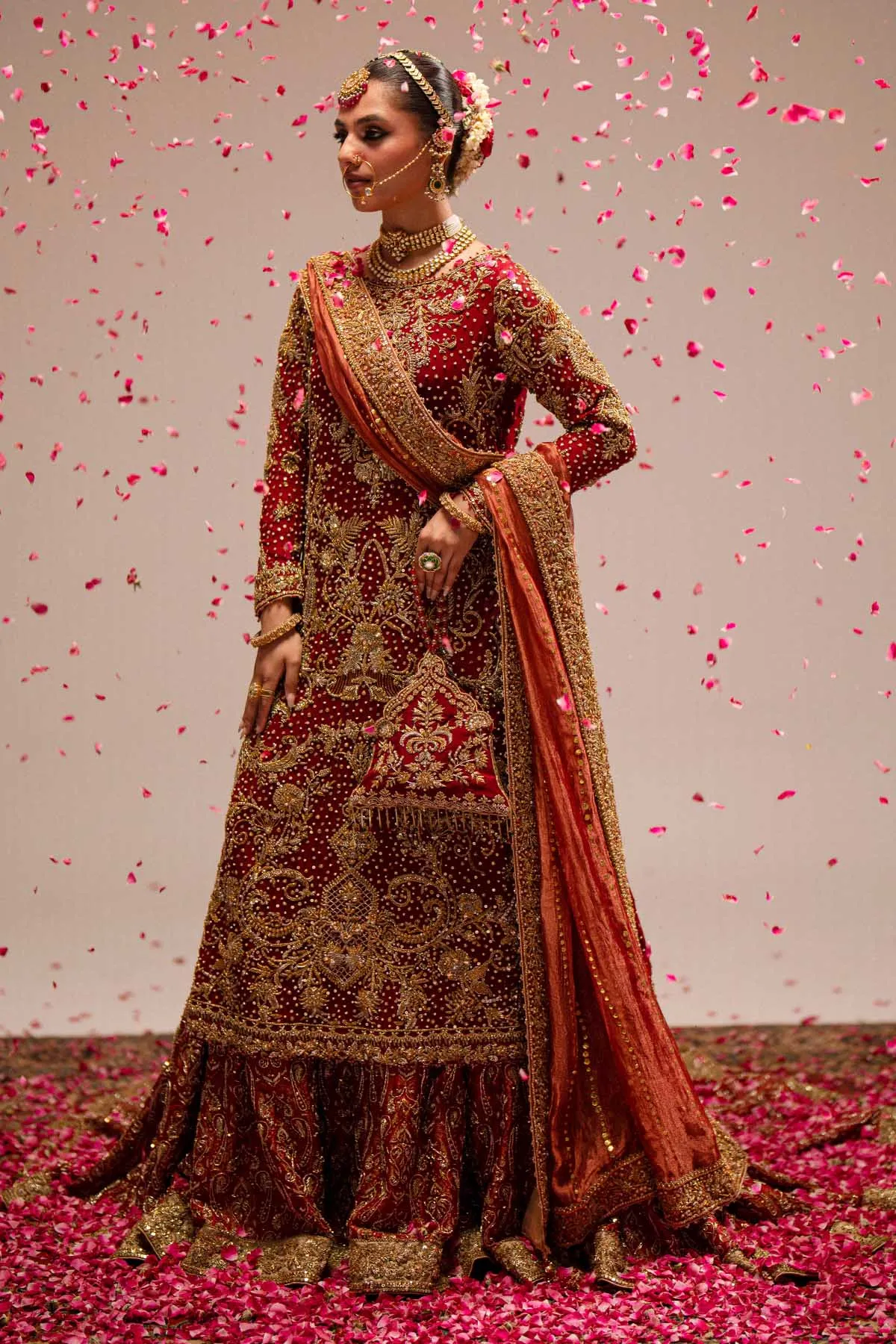 Red Pakistani Bridal Dress in Kameez and Gharara Style
