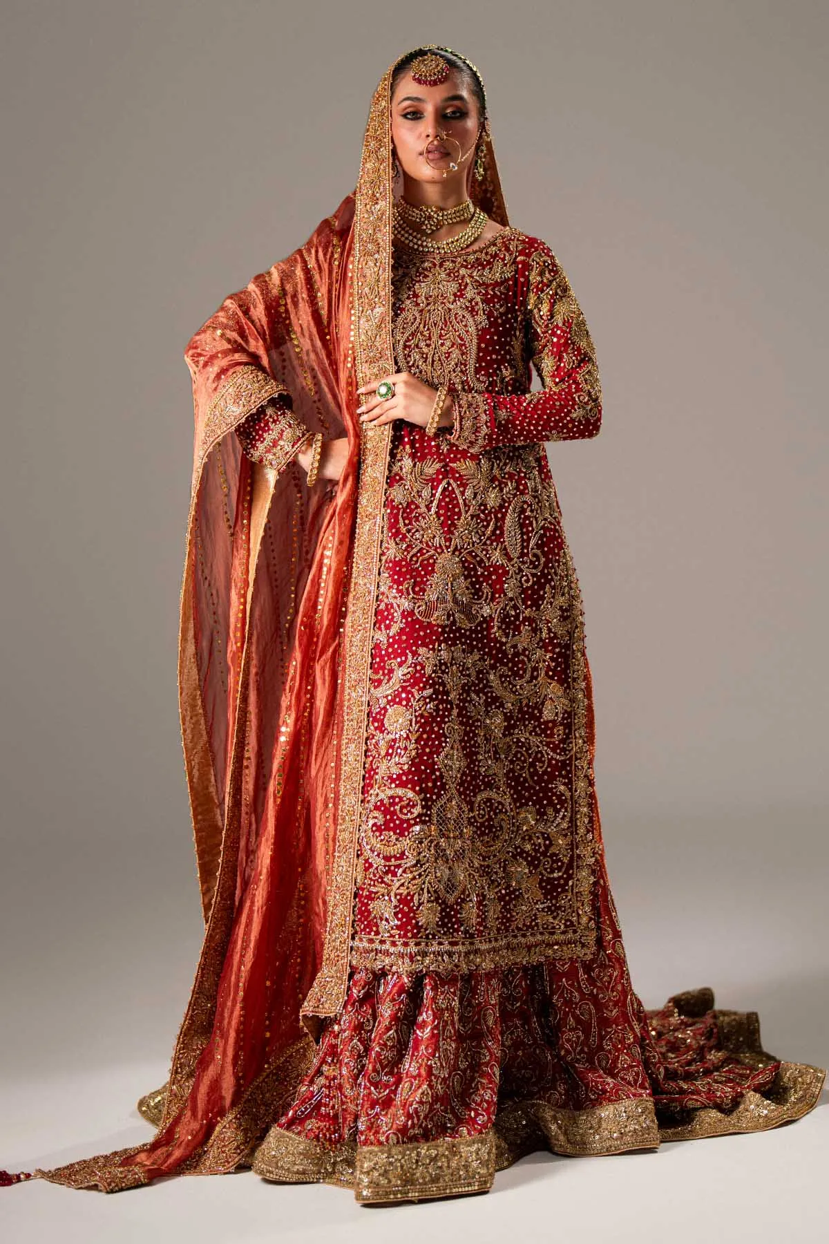 Red Pakistani Bridal Dress in Kameez and Gharara Style