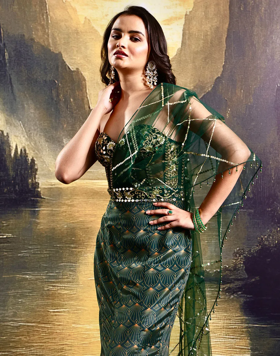 Regal Allure Emerald Green Embellished Corset Gown and French Crepe with Tasselled Hand Embroidered Veil