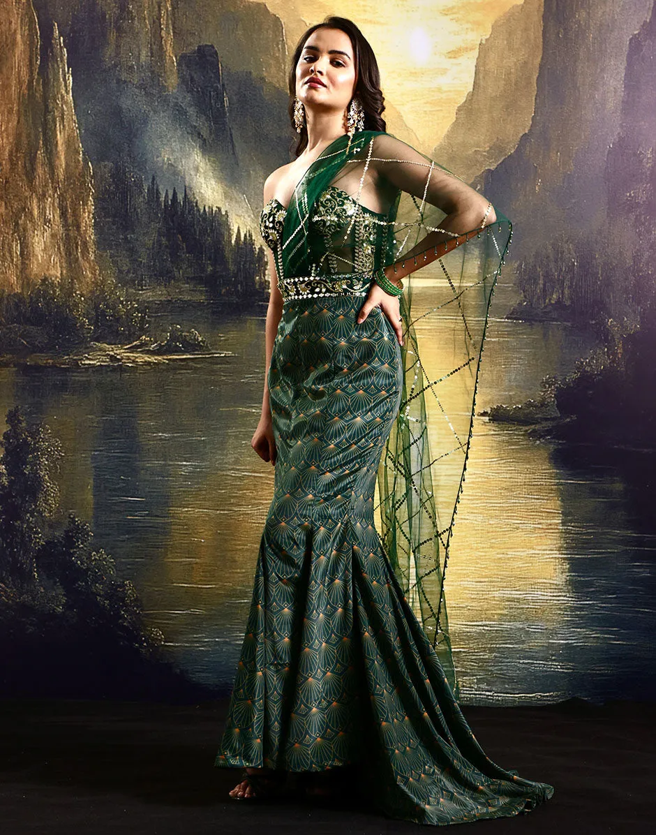 Regal Allure Emerald Green Embellished Corset Gown and French Crepe with Tasselled Hand Embroidered Veil