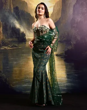 Regal Allure Emerald Green Embellished Corset Gown and French Crepe with Tasselled Hand Embroidered Veil