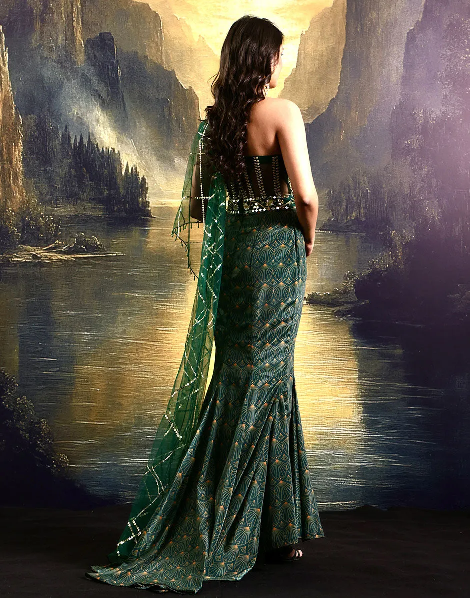 Regal Allure Emerald Green Embellished Corset Gown and French Crepe with Tasselled Hand Embroidered Veil