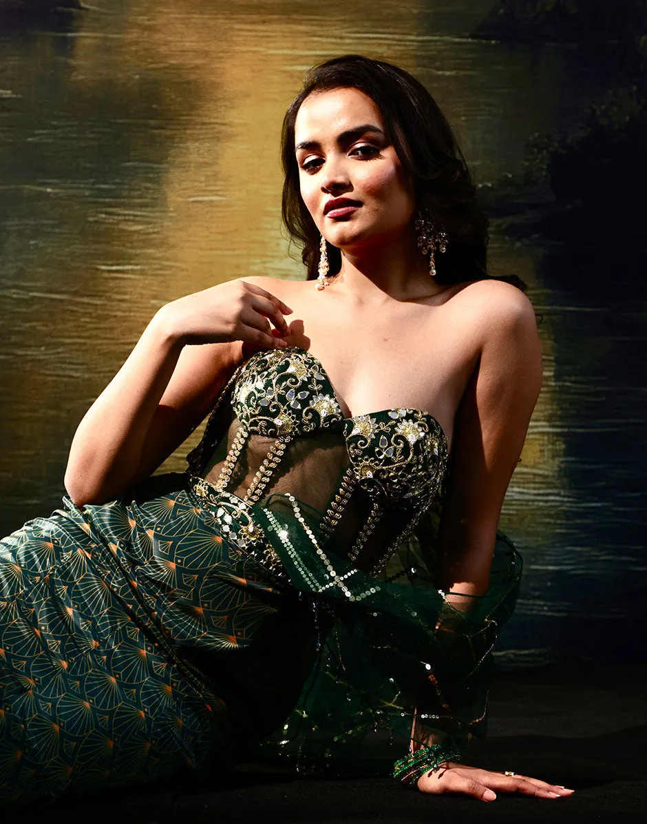 Regal Allure Emerald Green Embellished Corset Gown and French Crepe with Tasselled Hand Embroidered Veil