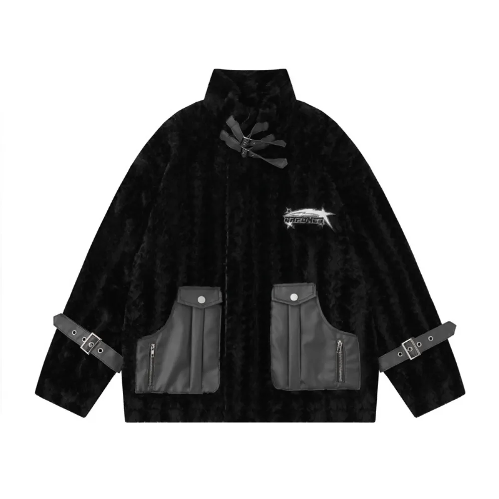 Retro PU Spliced Sherpa Coat