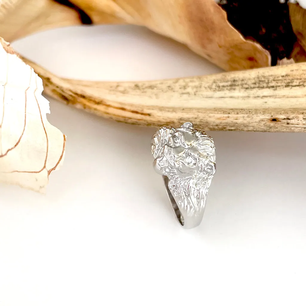 Roaring Lion with Diamond Accents in White Gold Ring