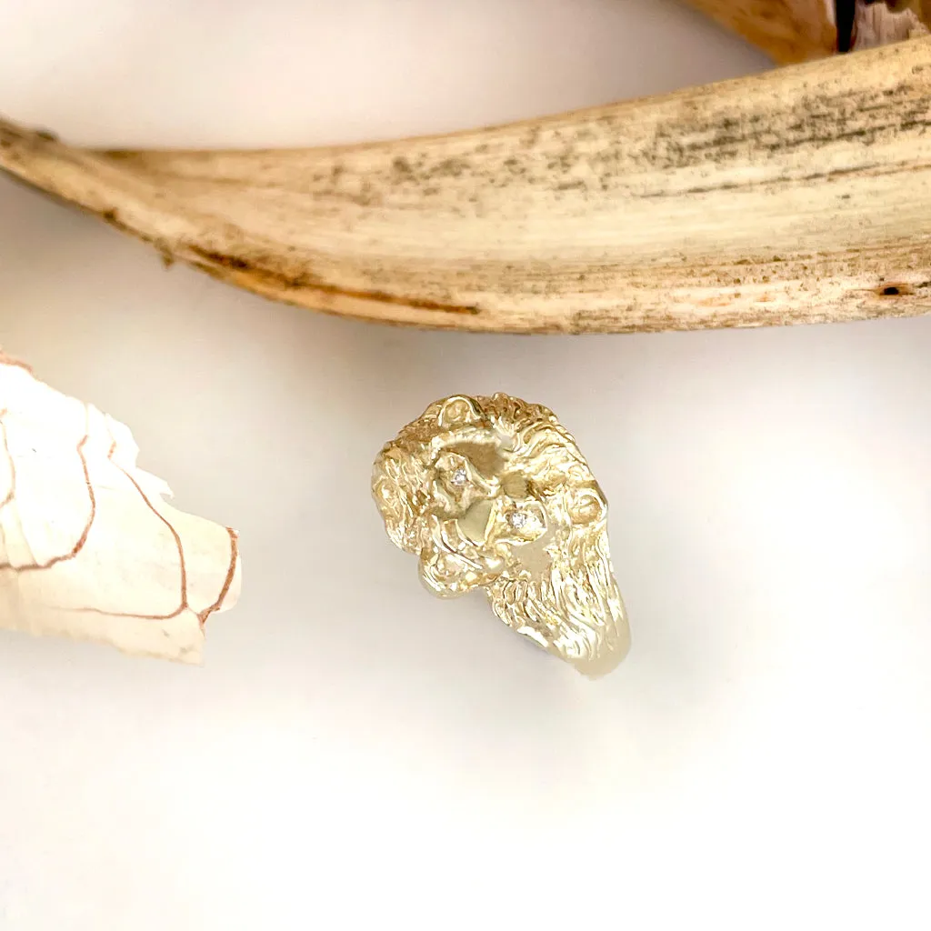 Roaring Lion with Diamond Accents in Yellow Gold Ring