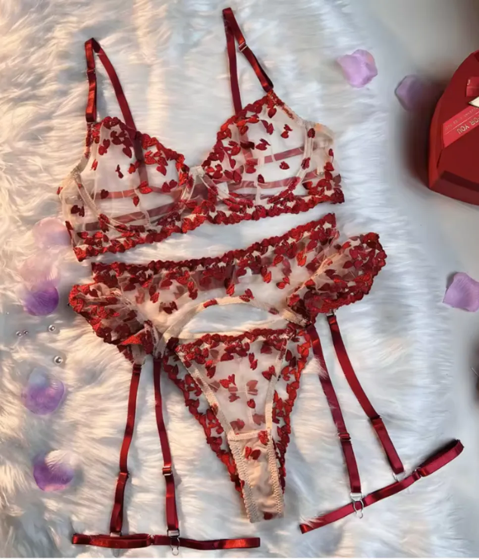 Romantic Red Floral Embroidered Lingerie Set