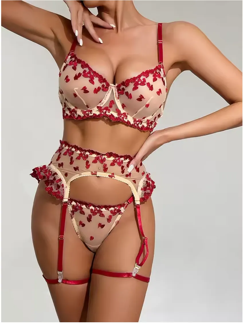 Romantic Red Floral Embroidered Lingerie Set
