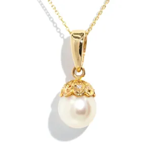 Roxanne 1980s Pearl & Diamond Pendant & Chain 9ct