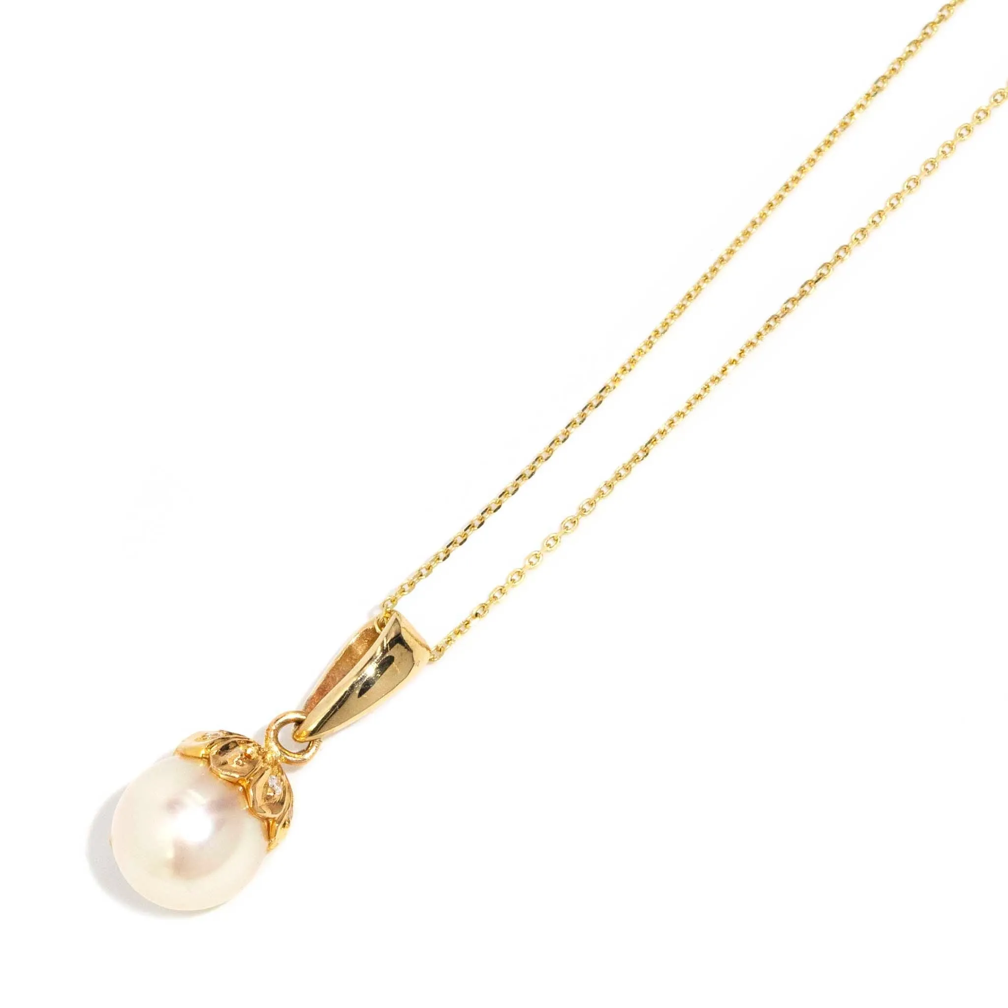 Roxanne 1980s Pearl & Diamond Pendant & Chain 9ct