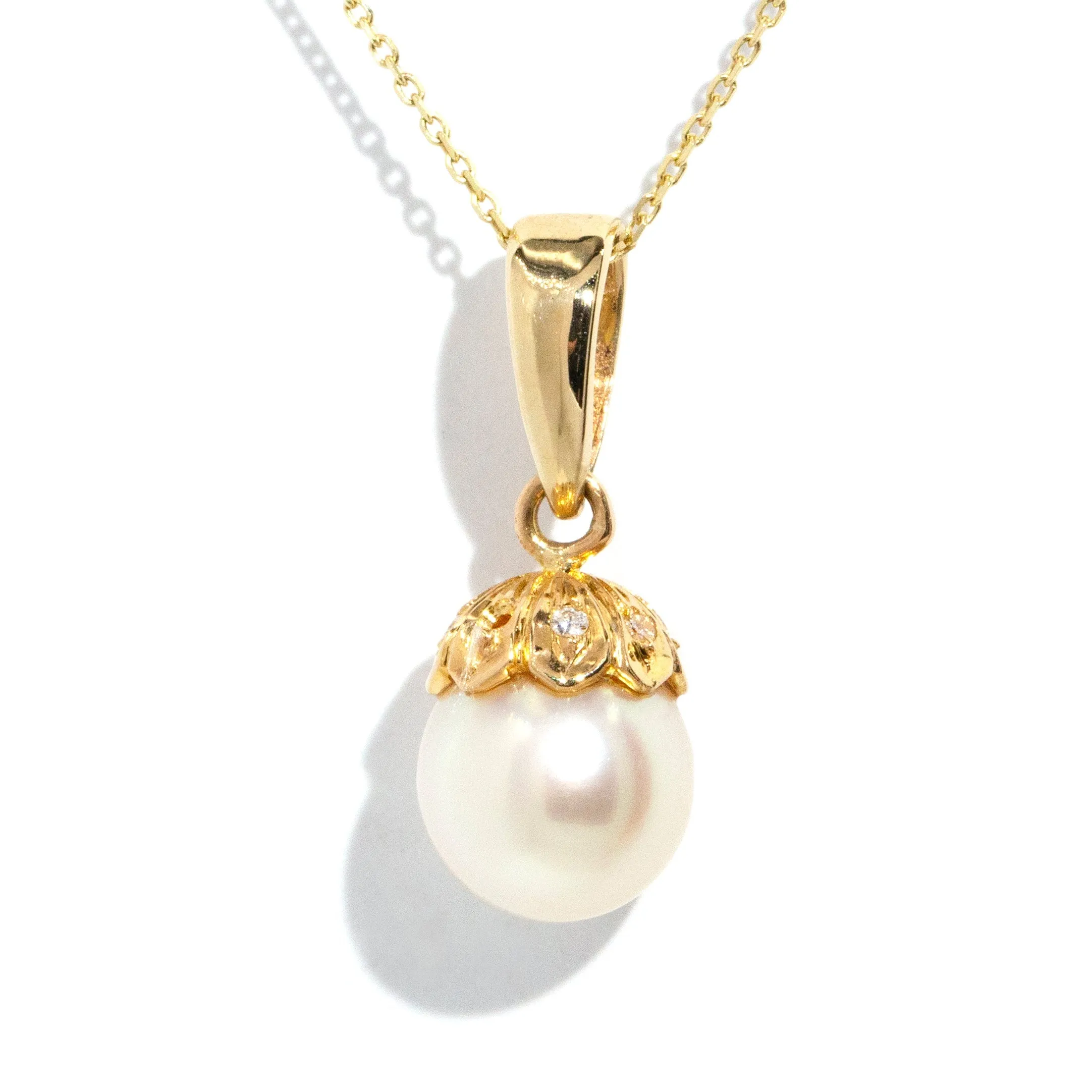 Roxanne 1980s Pearl & Diamond Pendant & Chain 9ct