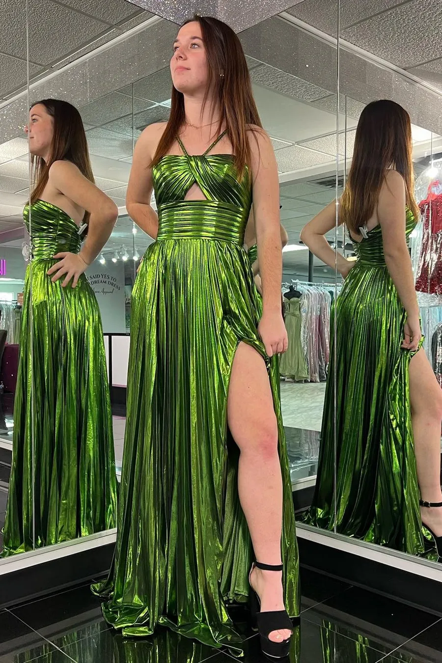 Roycebridal Madalyn| Metallic Keyhole Spaghetti Strap Long Prom Dress with Slit