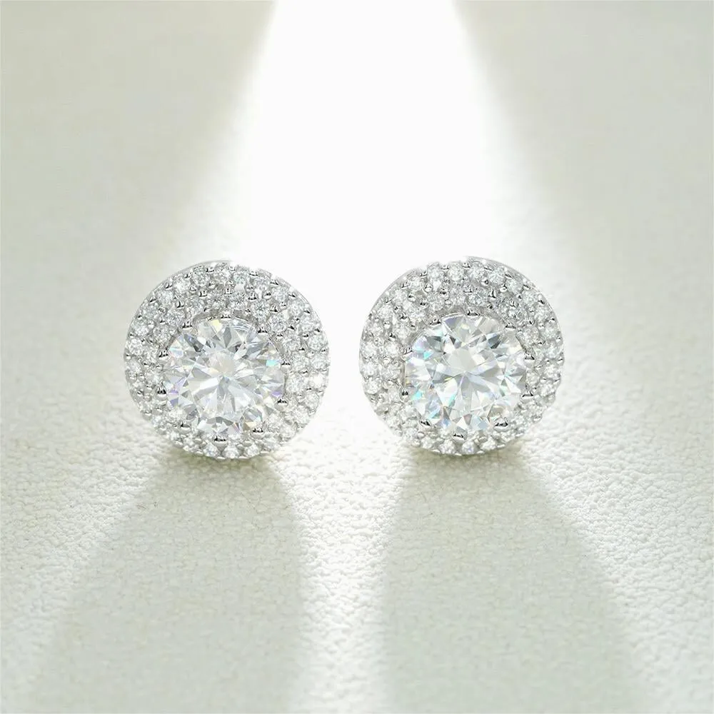 S925 Halo Round Cut Moissanite Stud Earrings - 2.0 Carat
