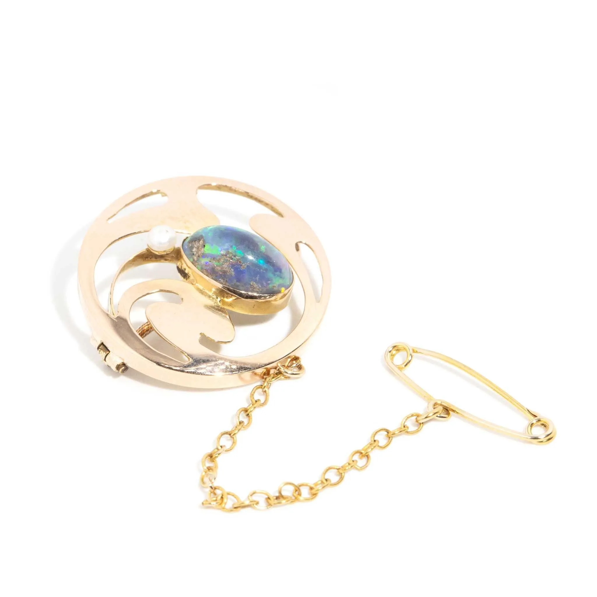 Sarah Antique 1920s 1.48 Carat Black Opal & Pearl Brooch 15 Carat Gold