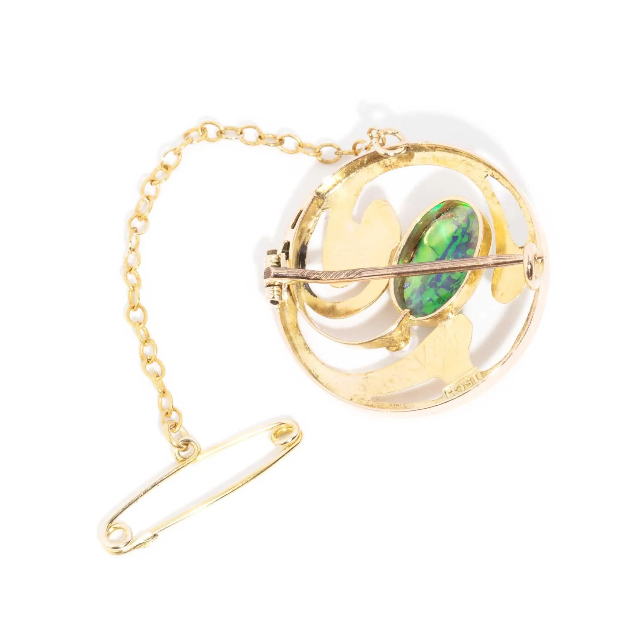 Sarah Antique 1920s 1.48 Carat Black Opal & Pearl Brooch 15 Carat Gold