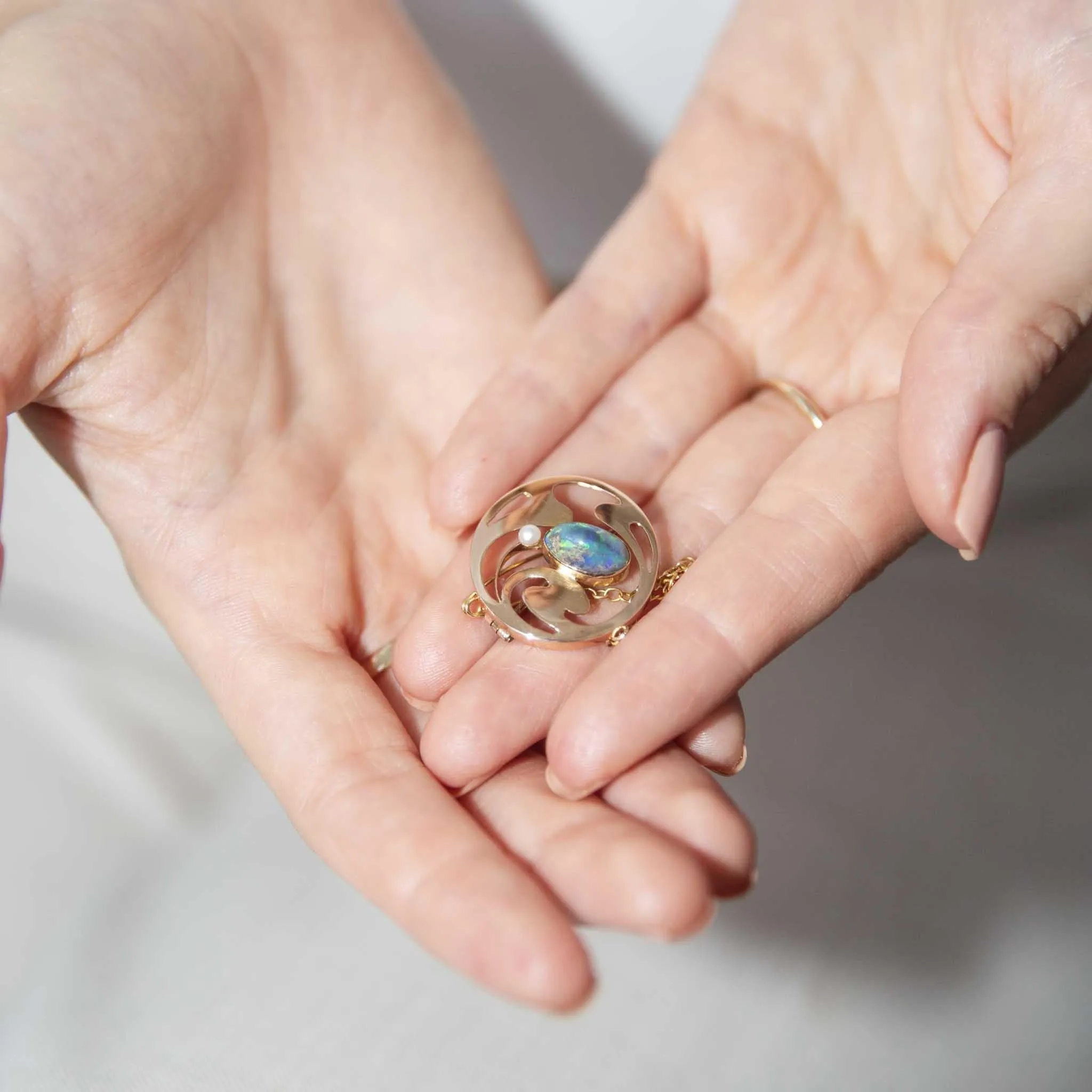 Sarah Antique 1920s 1.48 Carat Black Opal & Pearl Brooch 15 Carat Gold