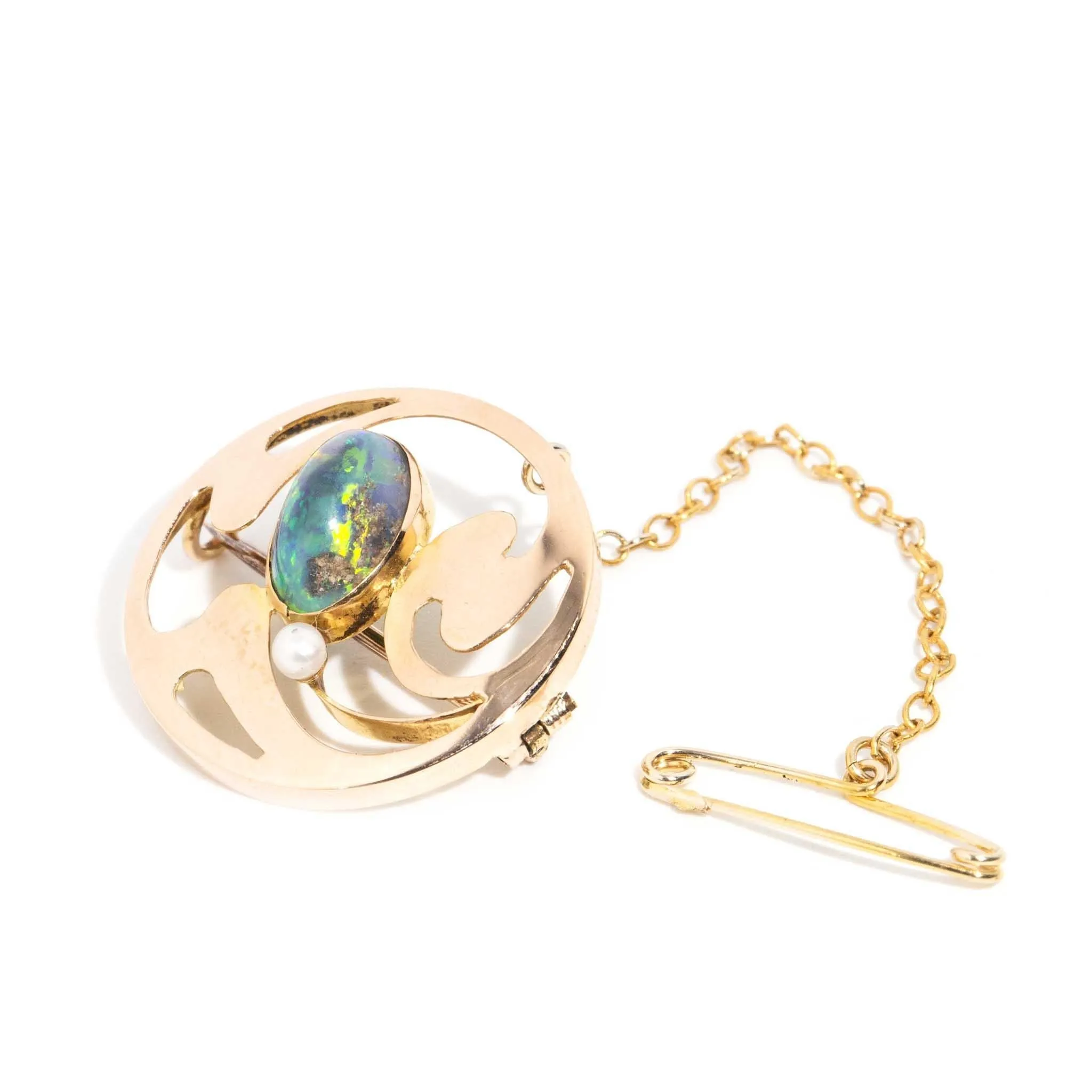 Sarah Antique 1920s 1.48 Carat Black Opal & Pearl Brooch 15 Carat Gold