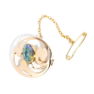 Sarah Antique 1920s 1.48 Carat Black Opal & Pearl Brooch 15 Carat Gold
