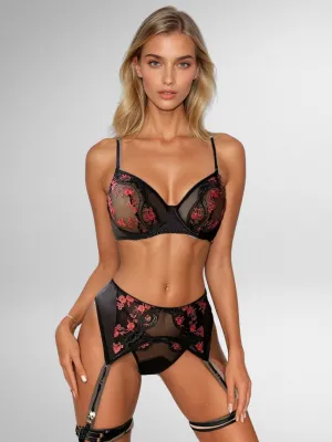 Seductive Black & Red Embroidered Lingerie Set