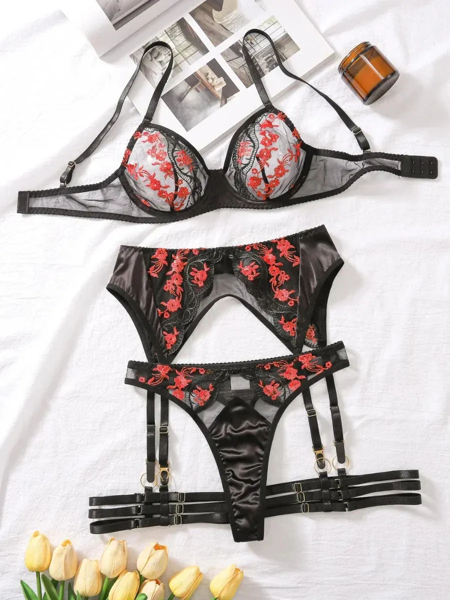 Seductive Black & Red Embroidered Lingerie Set