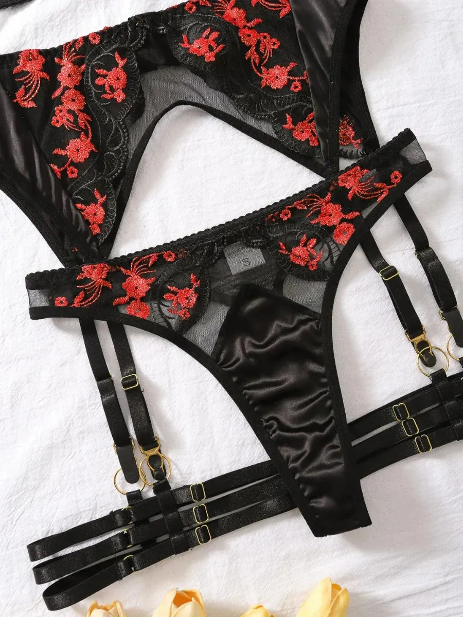 Seductive Black & Red Embroidered Lingerie Set