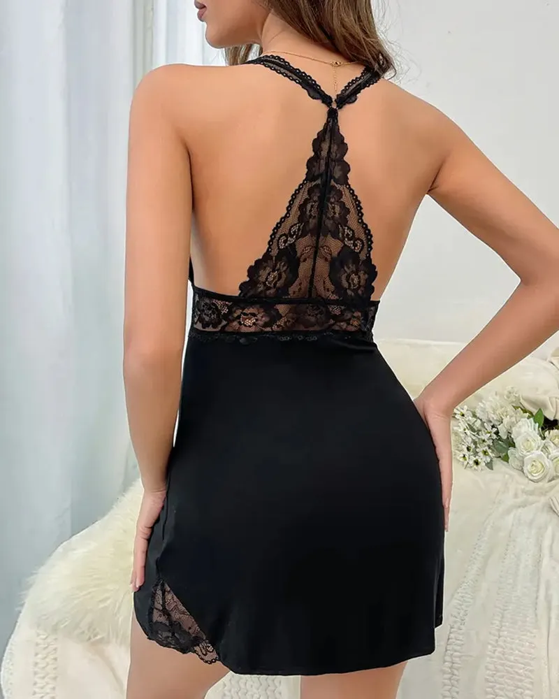 Seductive Lace Patchwork Deep V-Neck Backless Nightdress