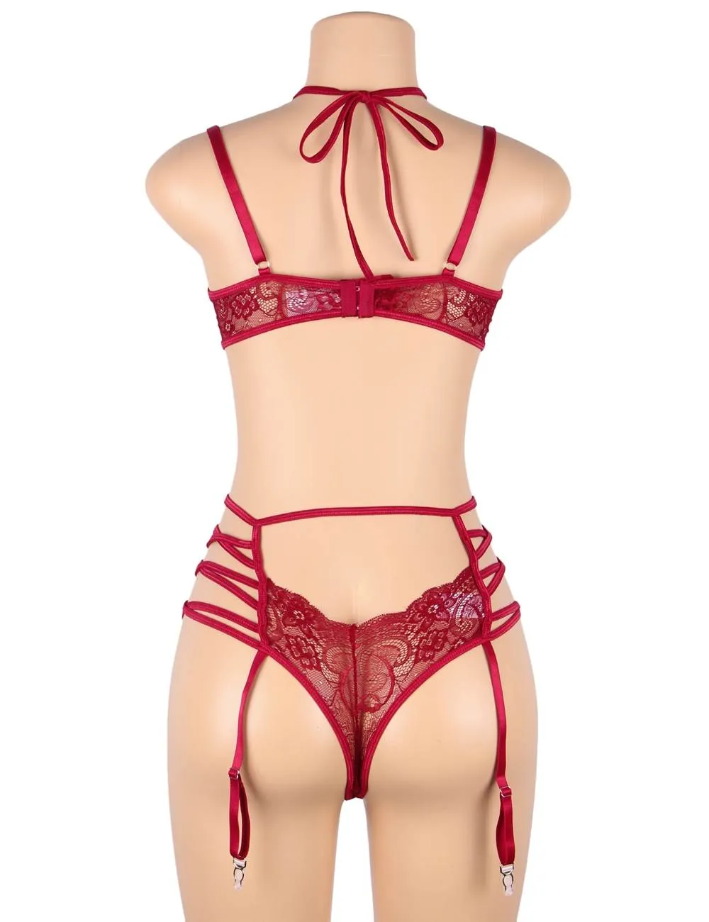 Sexy Egypt Velvet Floral Lace Patchwork Gartered Lingerie Set With Underwire