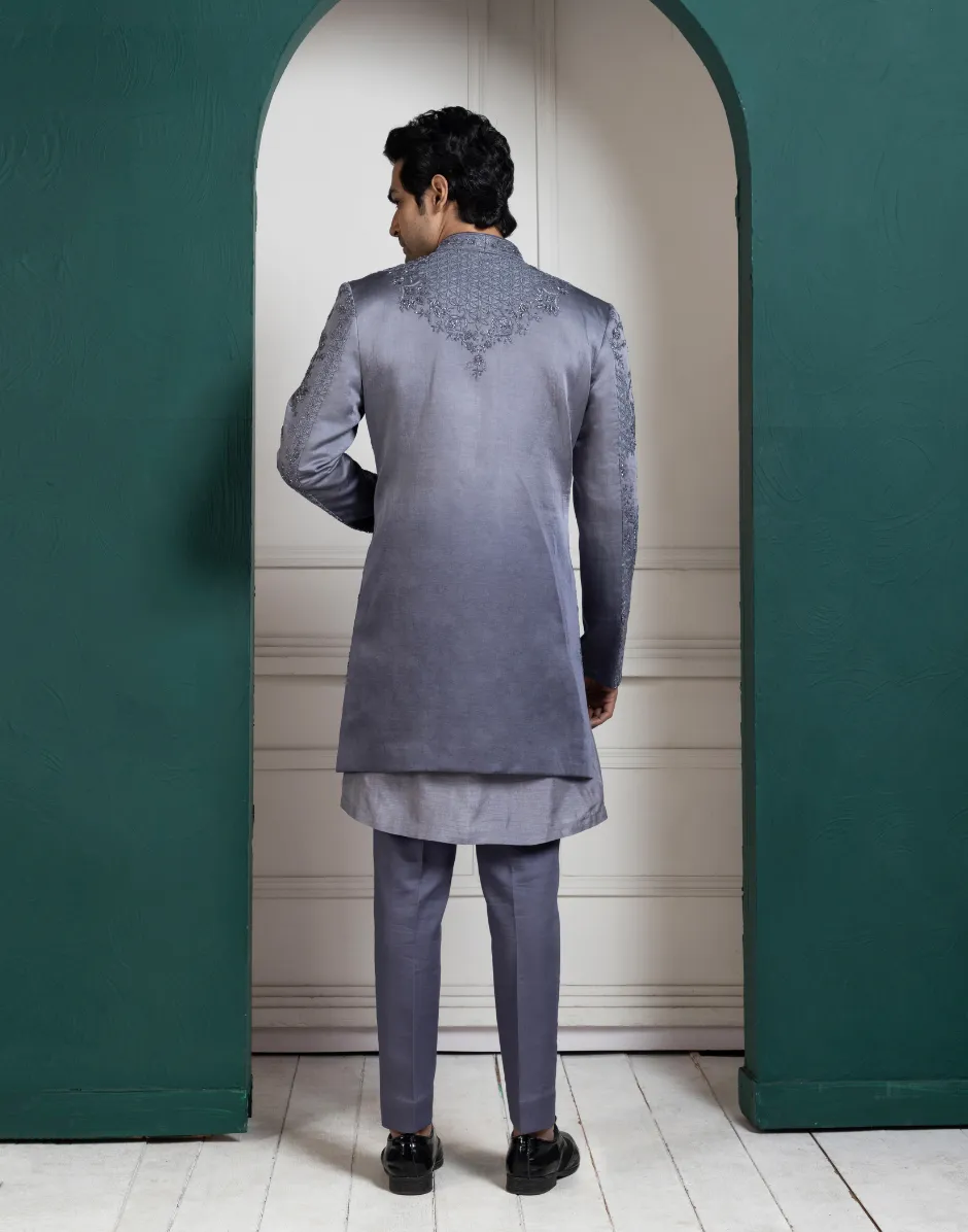 Silver Regal Craftsmanship Intricate Embroidered Sherwani and Kurta Set