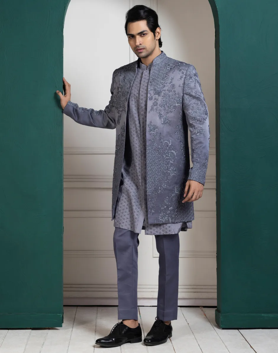 Silver Regal Craftsmanship Intricate Embroidered Sherwani and Kurta Set