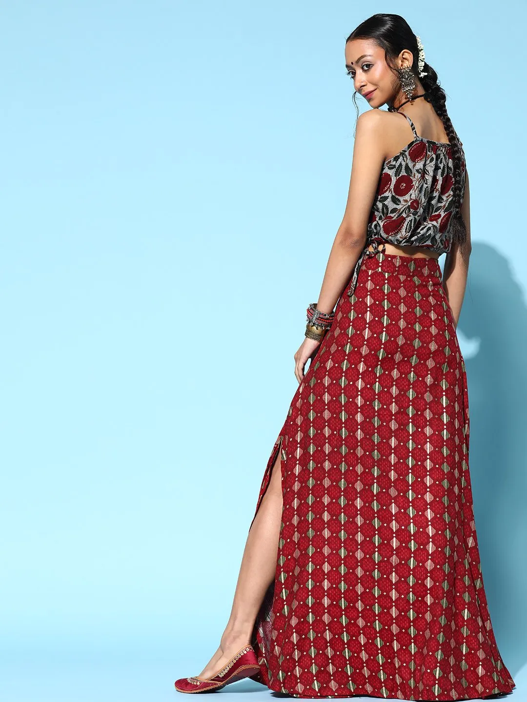 Slate Gray With Garnet Red Crop Top And Skirt