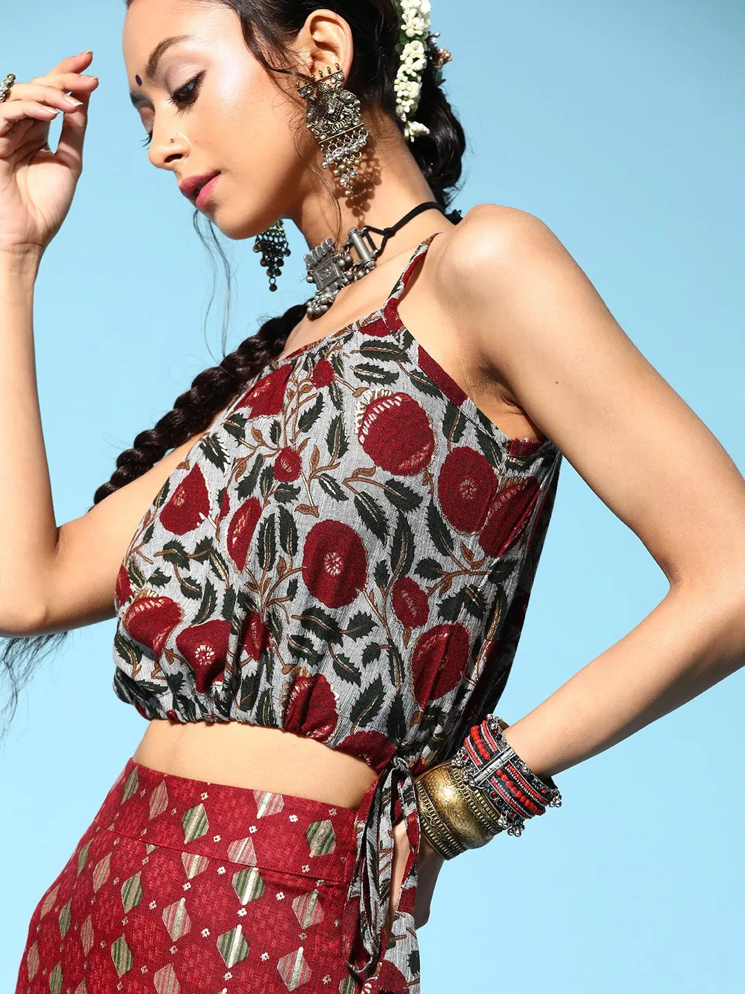 Slate Gray With Garnet Red Crop Top And Skirt