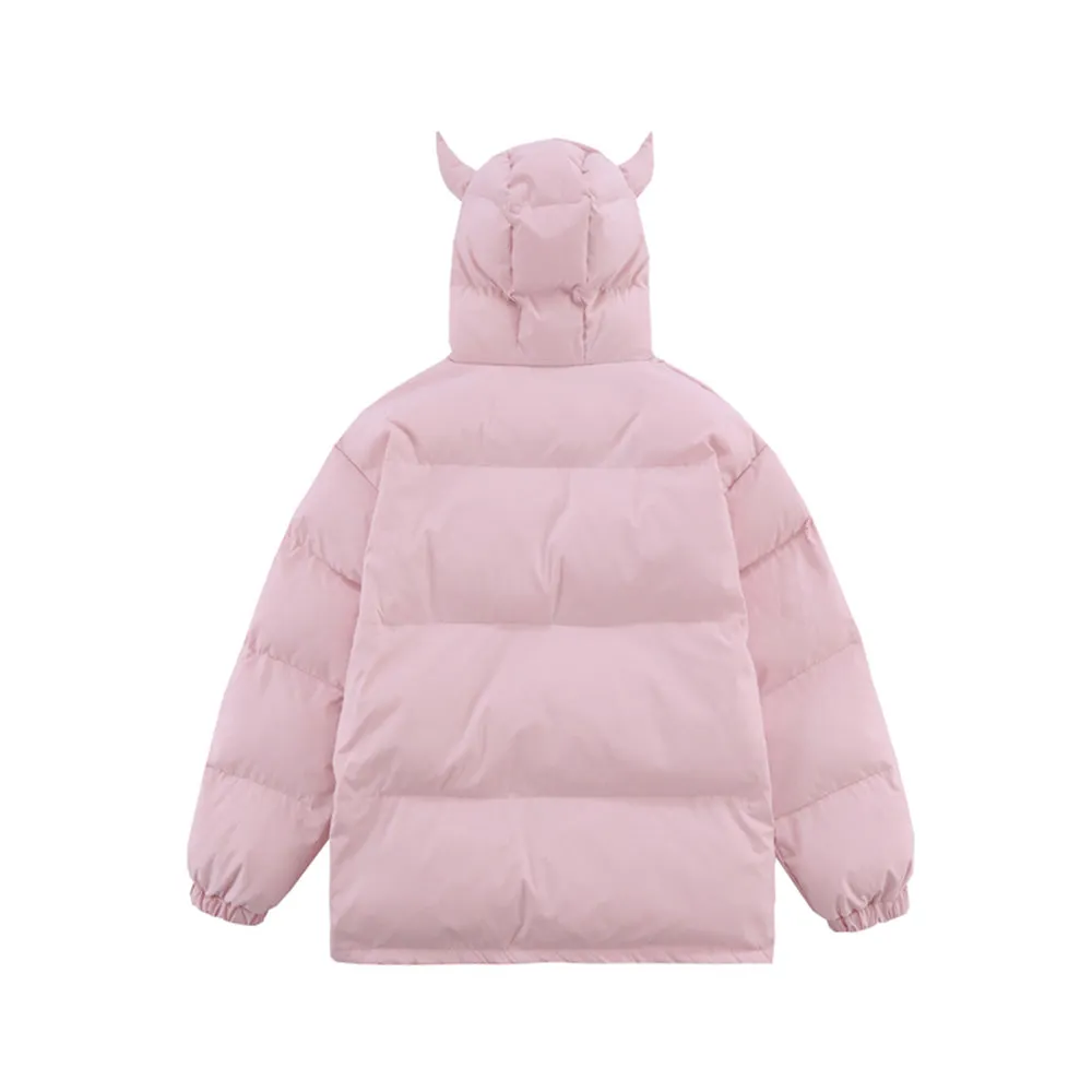 Solid Color Devil Hooded Puffer Coat