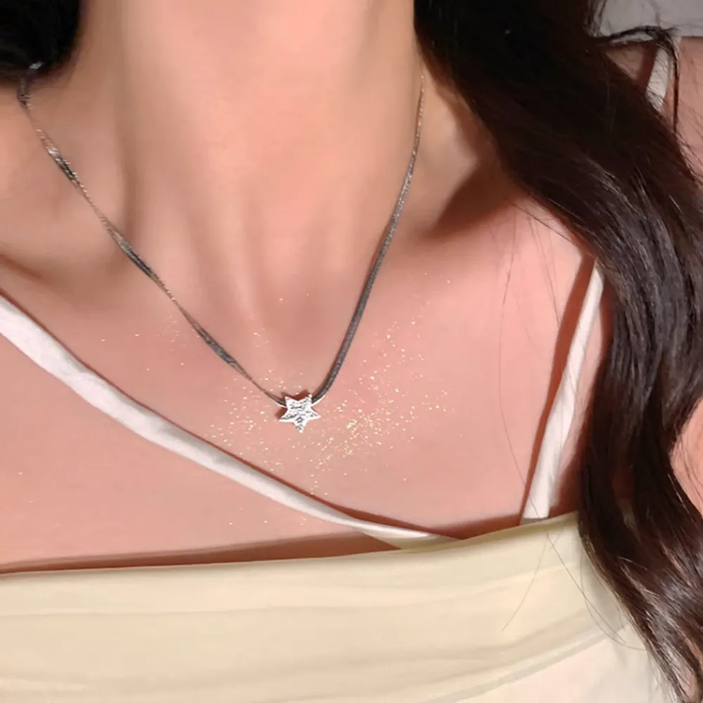Sparkling Diamond Pentagram Snake Bone Necklace
