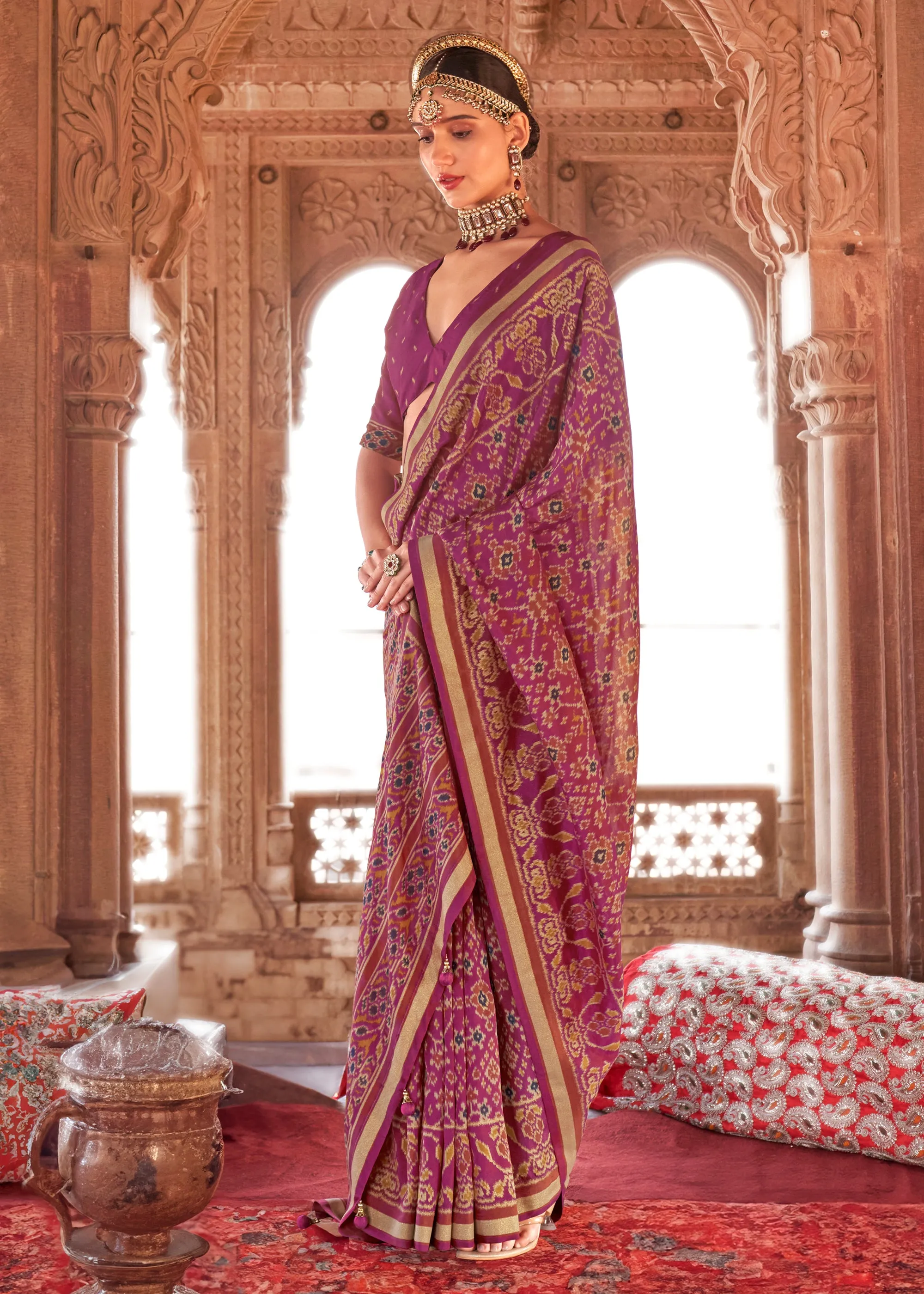 Sparkling Purple Printed Patola Georgette Silk Saree