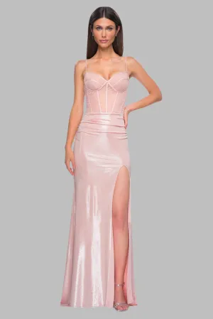 Stunning Metallic Gown With Intricate Ruched Corset Top