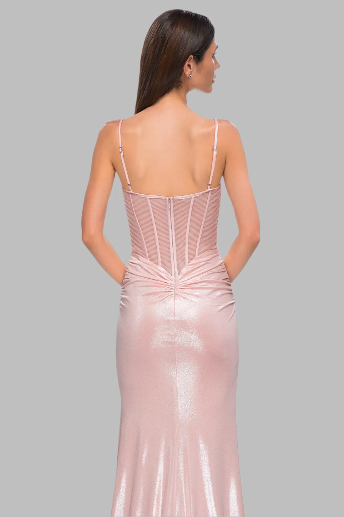 Stunning Metallic Gown With Intricate Ruched Corset Top