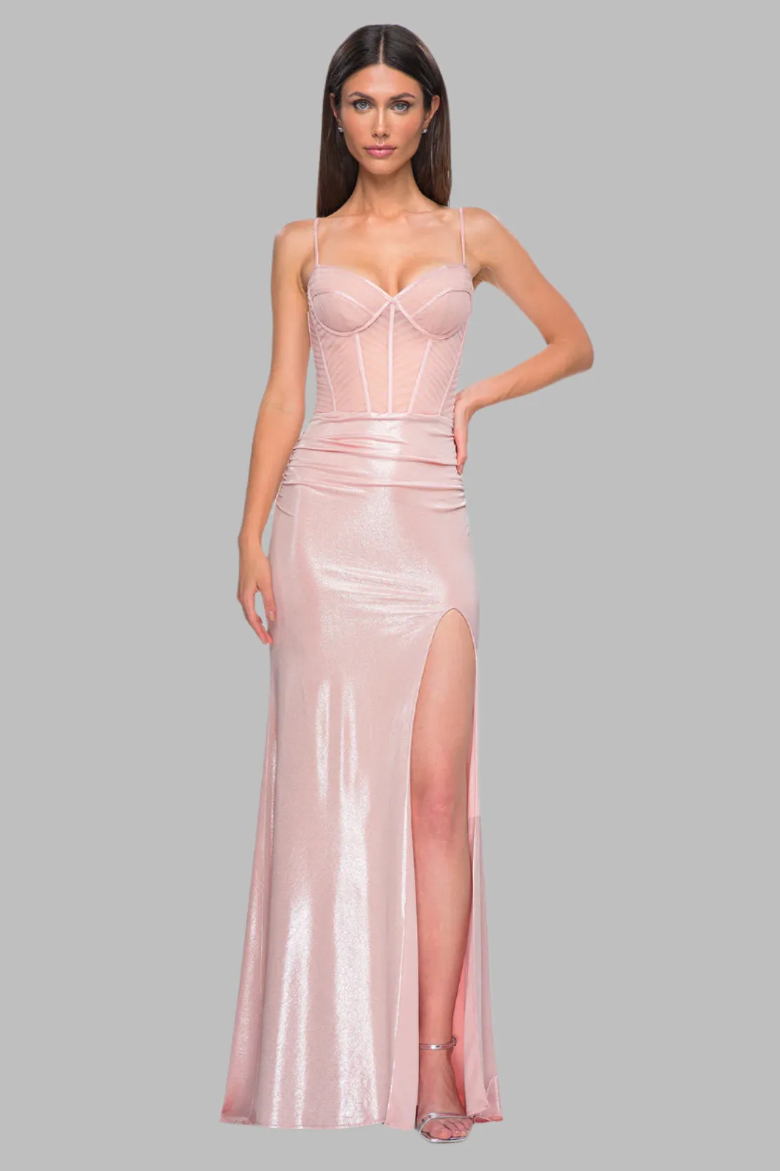 Stunning Metallic Gown With Intricate Ruched Corset Top