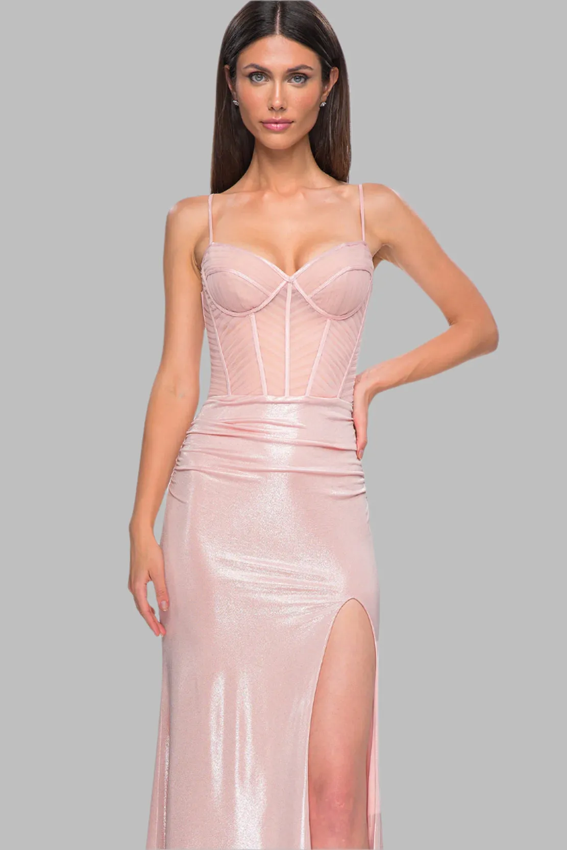 Stunning Metallic Gown With Intricate Ruched Corset Top