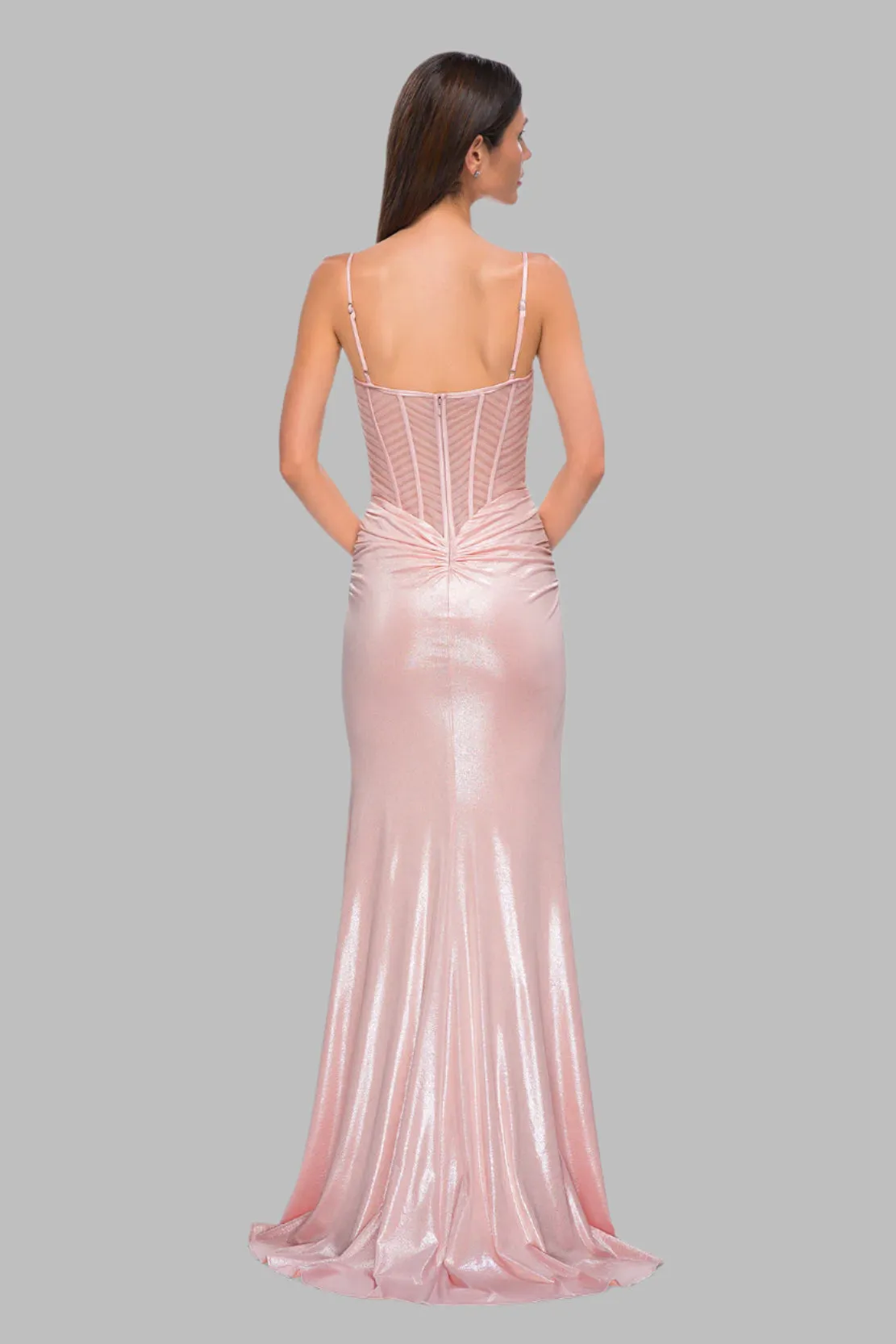 Stunning Metallic Gown With Intricate Ruched Corset Top