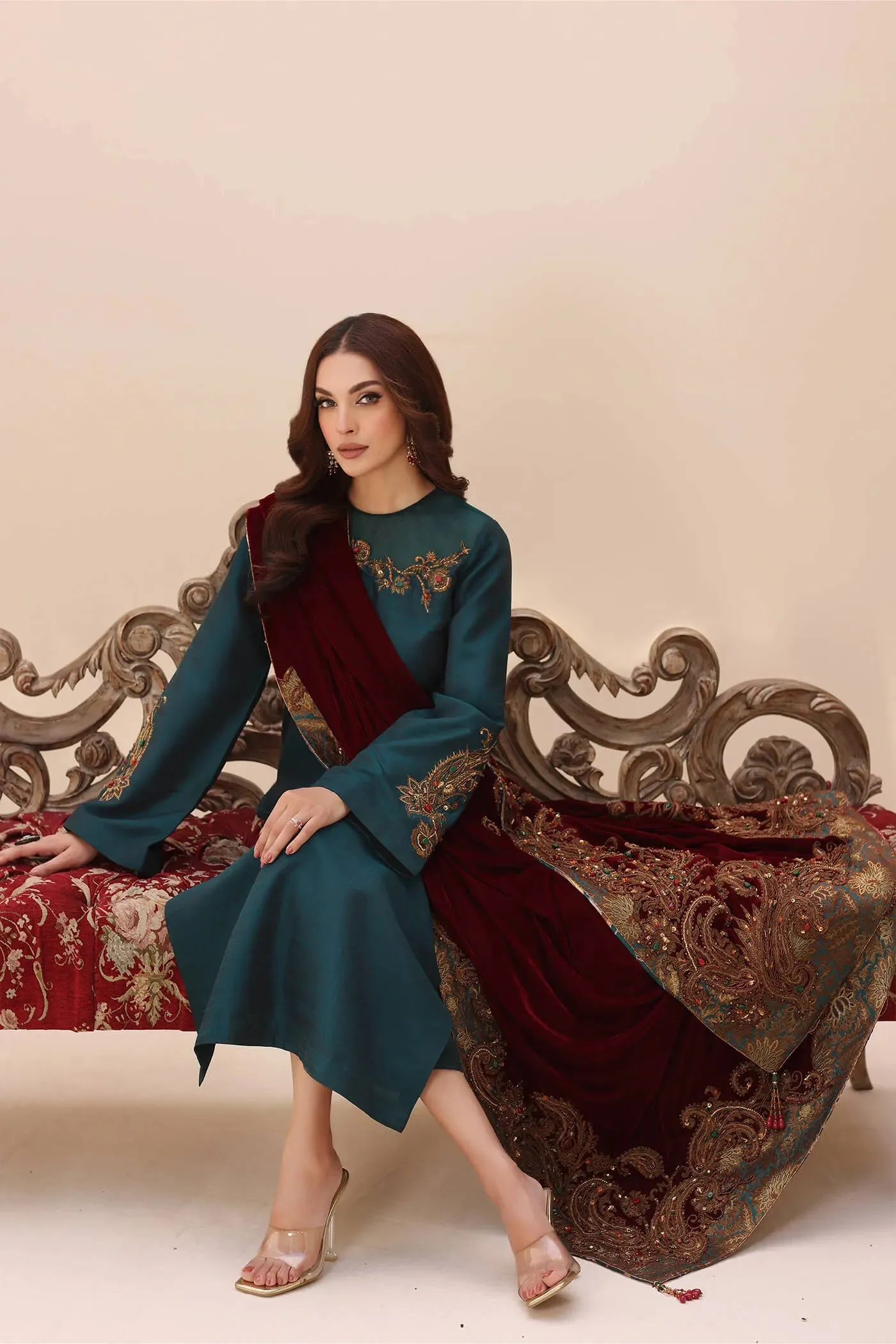 Teal Green Embroidered Pakistani Salwar Kameez with Velvet Shawl