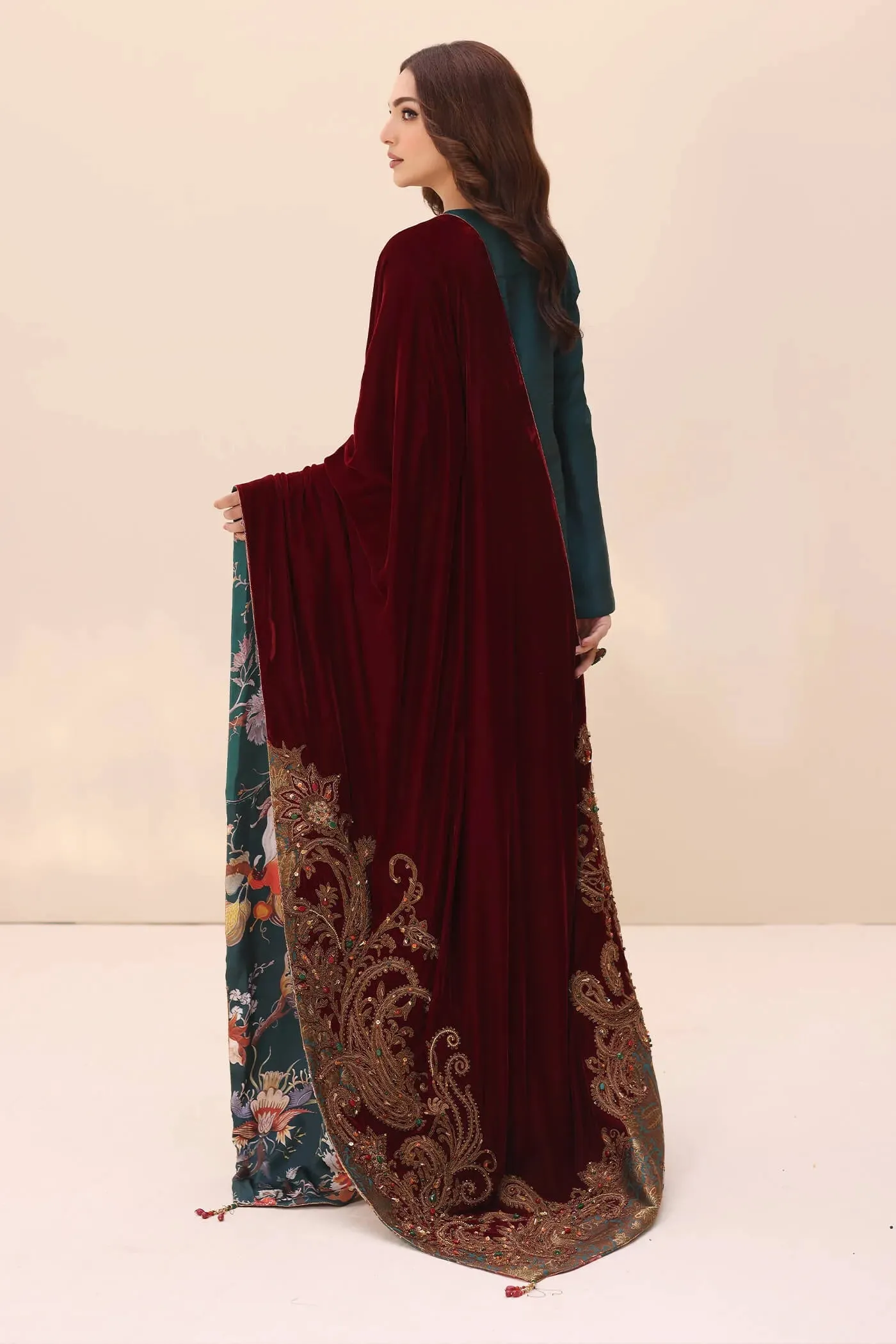 Teal Green Embroidered Pakistani Salwar Kameez with Velvet Shawl