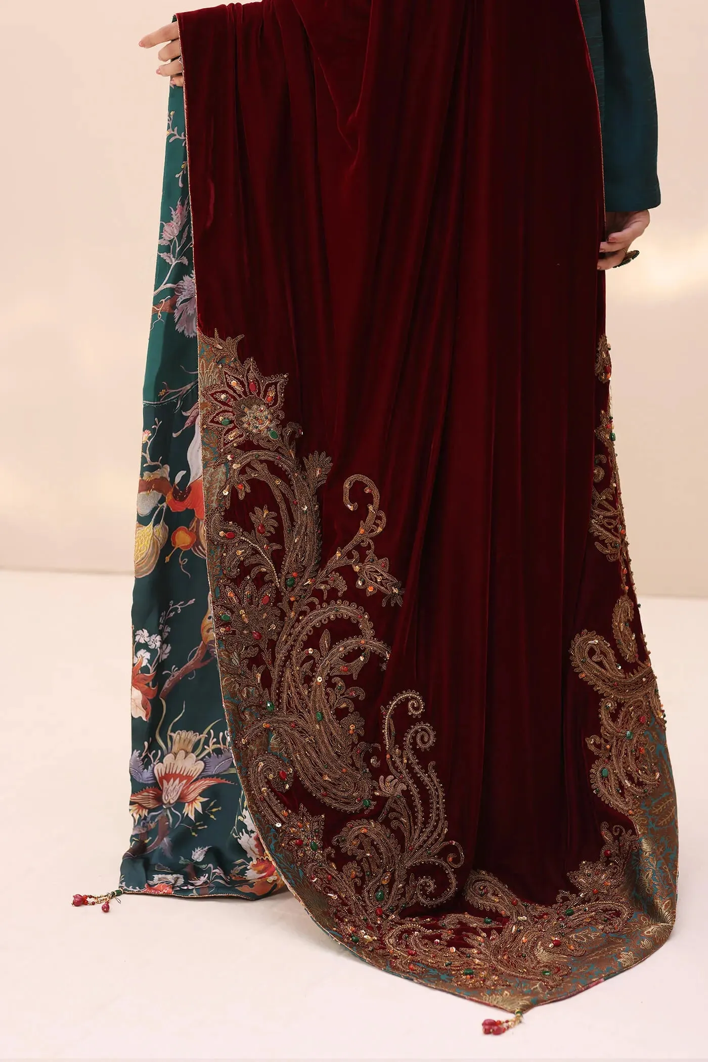 Teal Green Embroidered Pakistani Salwar Kameez with Velvet Shawl