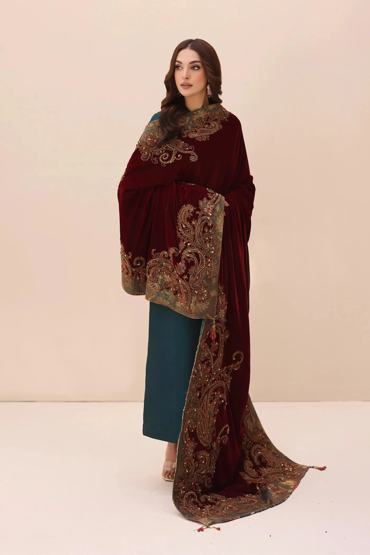 Teal Green Embroidered Pakistani Salwar Kameez with Velvet Shawl