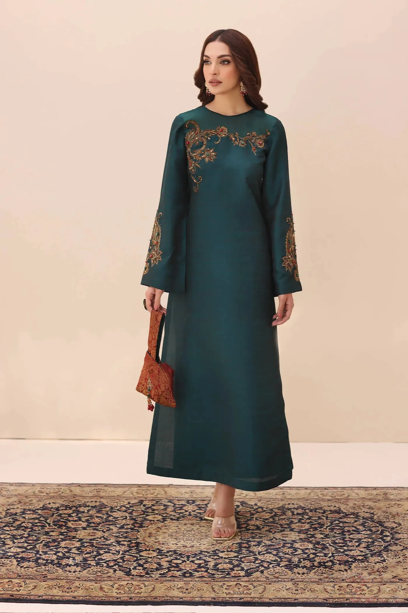 Teal Green Embroidered Pakistani Salwar Kameez with Velvet Shawl