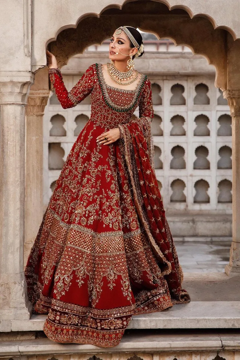 Tena Durrani Red Bridal Dress Pakistani in Royal Pishwas Frock Style
