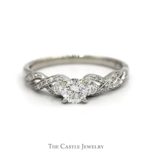 Three Stone Diamond Engagement Ring with Accented Twisted Sides in 14k White Gold